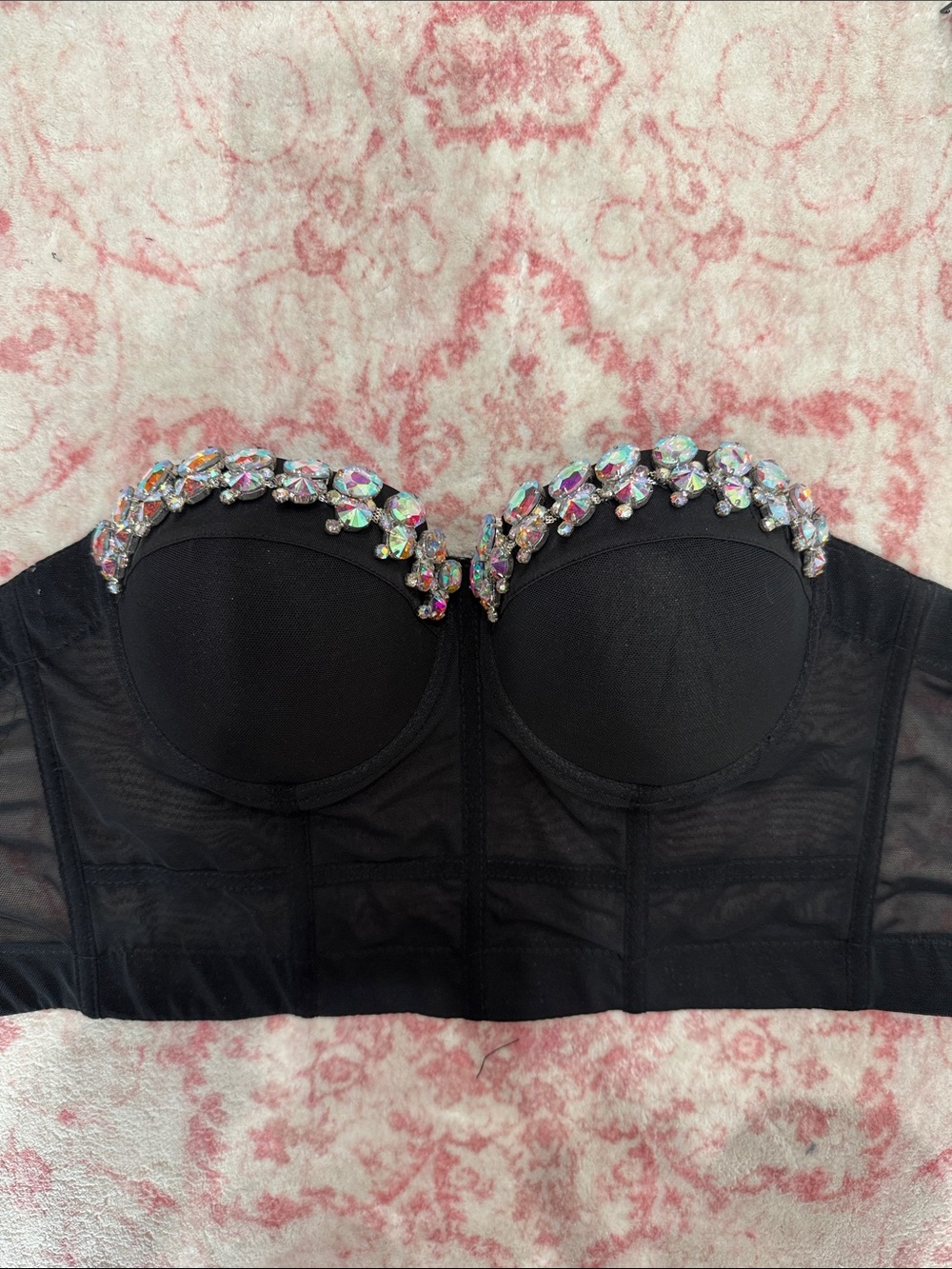 Black Embellished Longline Bustier Bra M/L